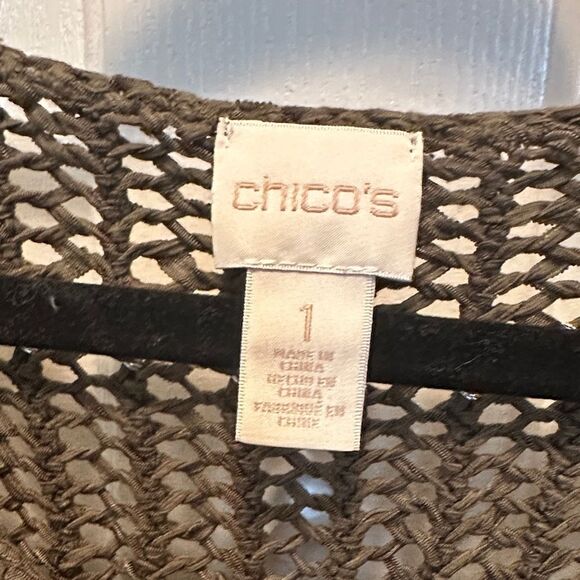 Chico's Dark Olive Green and Silver V-Neck Open Knit Sweater 3/4 Sleeve Size 1 - Picture 2 of 5